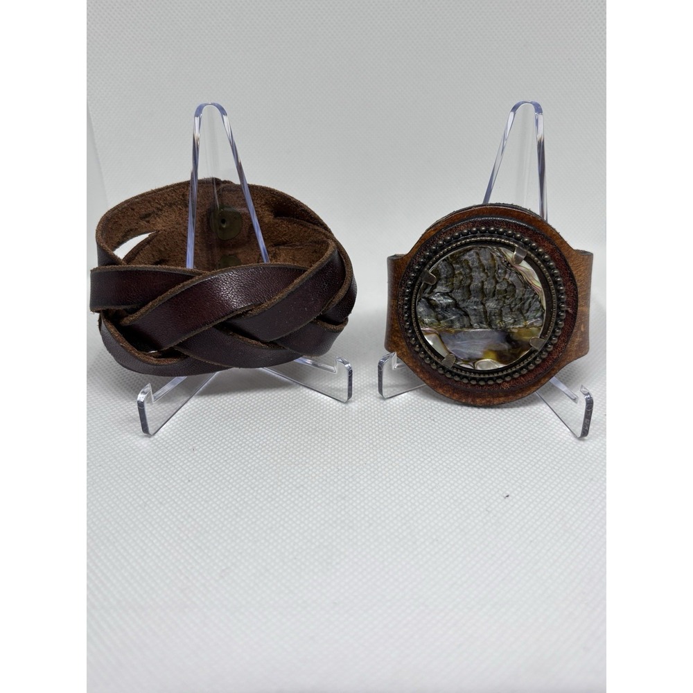 Lot of 2 Vtg Handcrafted Leather Cuff Bracelets Abalone Shell Inlay Braided Boho